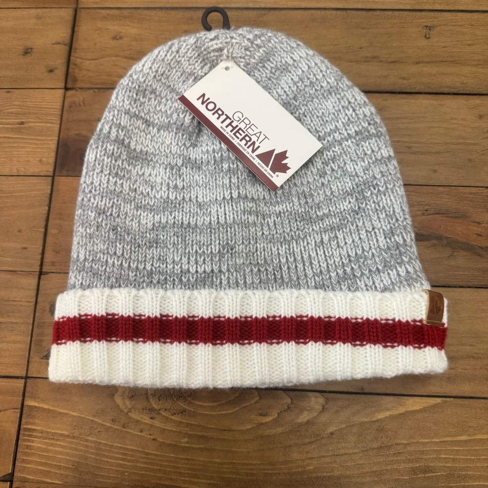 Adult Gray and White Beanie with Red Stripe
